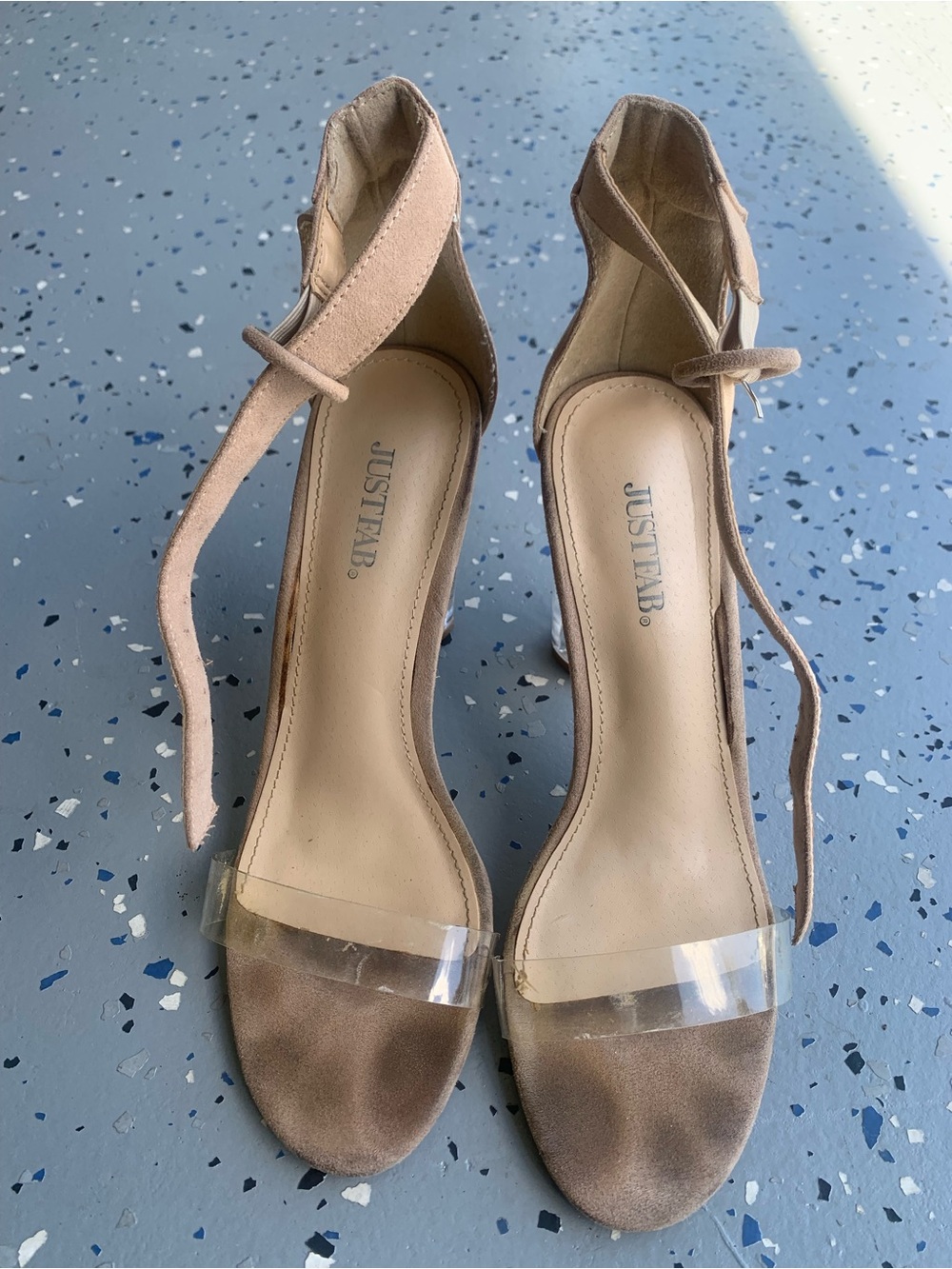 JustFab Nude Clear Strap Ankle Tie Heels